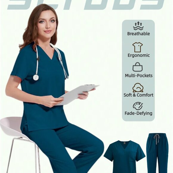 Brand New Medical Scrub Sets - Unisex V-Neck Top & Pants - White, Navy and Teal - Picture 7 of 7